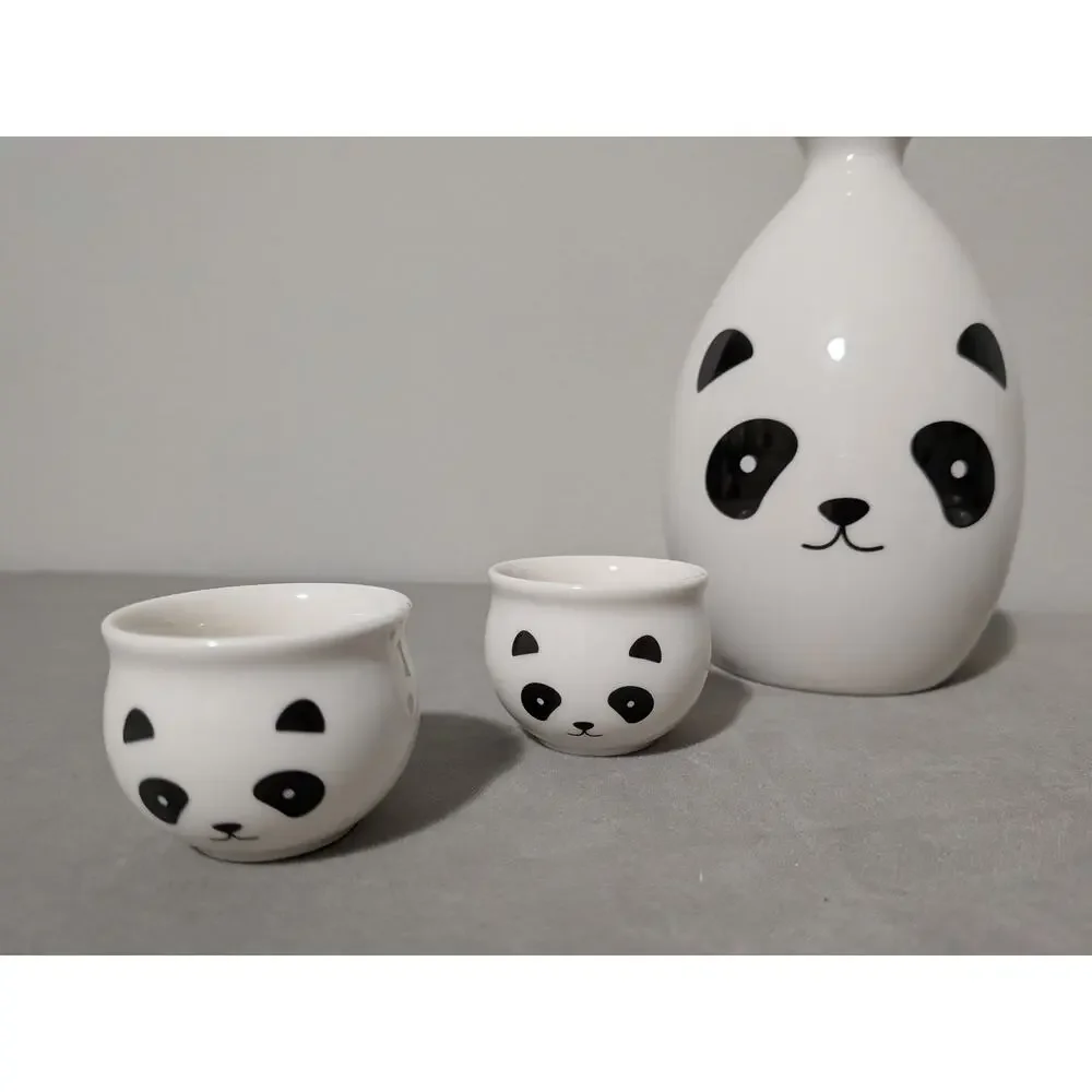 5pc Ceramic Panda Sake Set Japanese Decanter Bottle 4 Cups Storage Box Kawaii